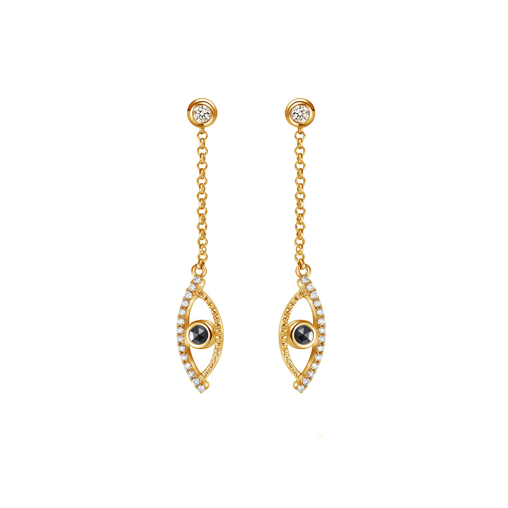 YOUNG BY DILYS' Celestial Eye Black Diamond Earrings with Diamond Trim in 18KYG