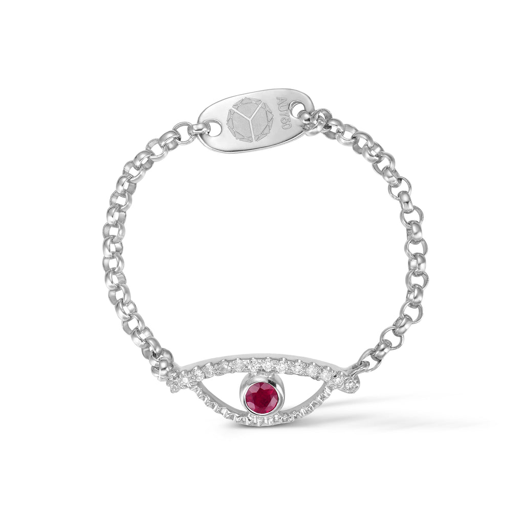 YOUNG BY DILYS' Celestial Eye Ruby Ring with Diamond Trim in 18K White Gold
