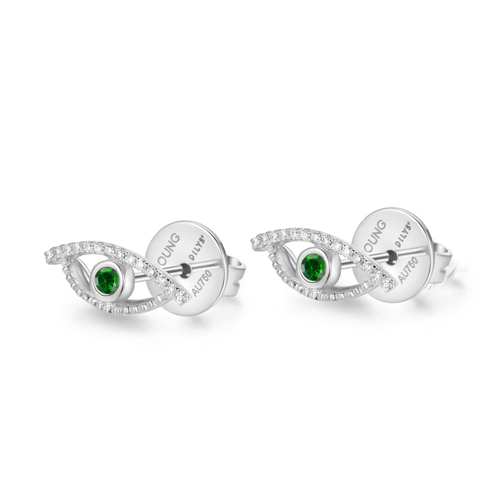 YOUNG BY DILYS' Celestial Eye Green Garnet Ear Studs with Diamond Trim in 18KWG