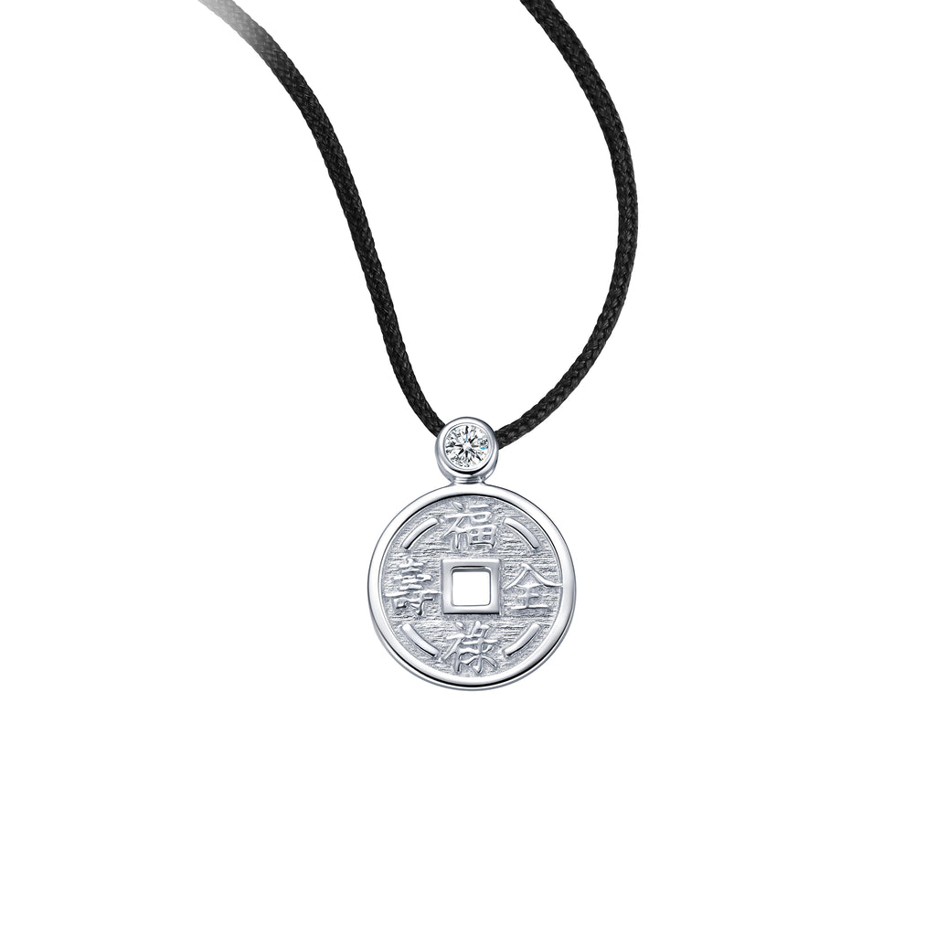 YOUNG BY DILYS' Lucky Coin 福祿壽全 Thread Necklace in 18K White Gold