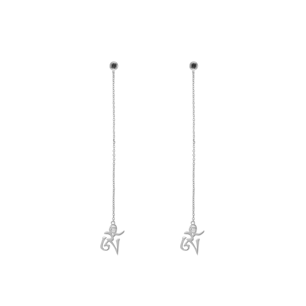 YOUNG BY DILYS' White Gold OM Earrings in Black and White Diamond